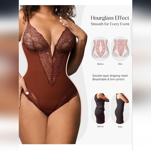 Popilush Dark Brown Corset V Neck Lace Shapewear Tummy Control Bodysuit Size XL - Picture 4 of 12